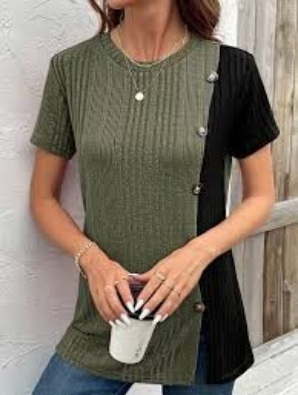 Army Green & Black Two-Tone Top with Buttons Down the Side, Size XL